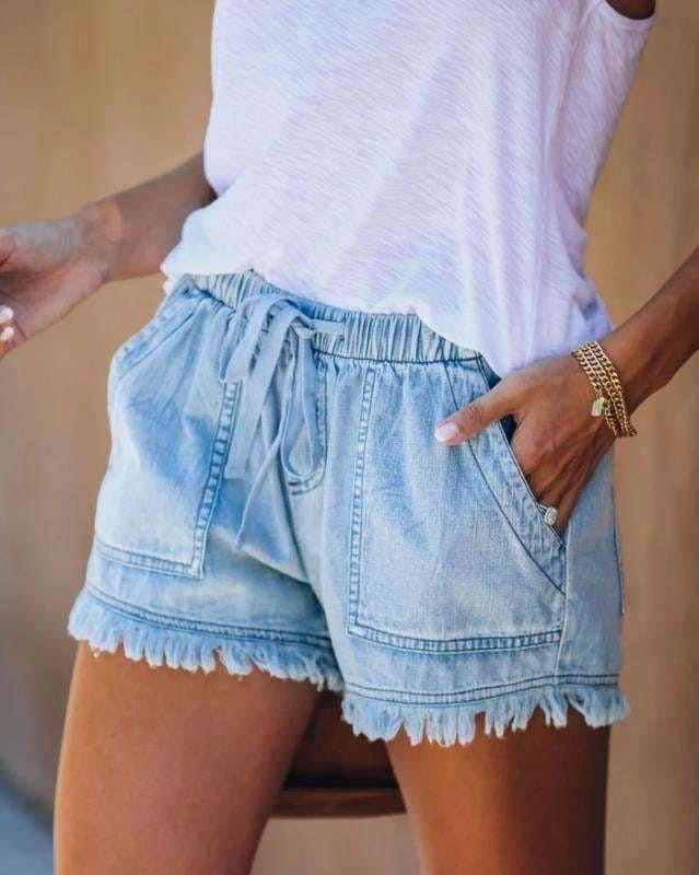 Fringe Denim Drawstring Jogger Shorts Royal Roe LLC