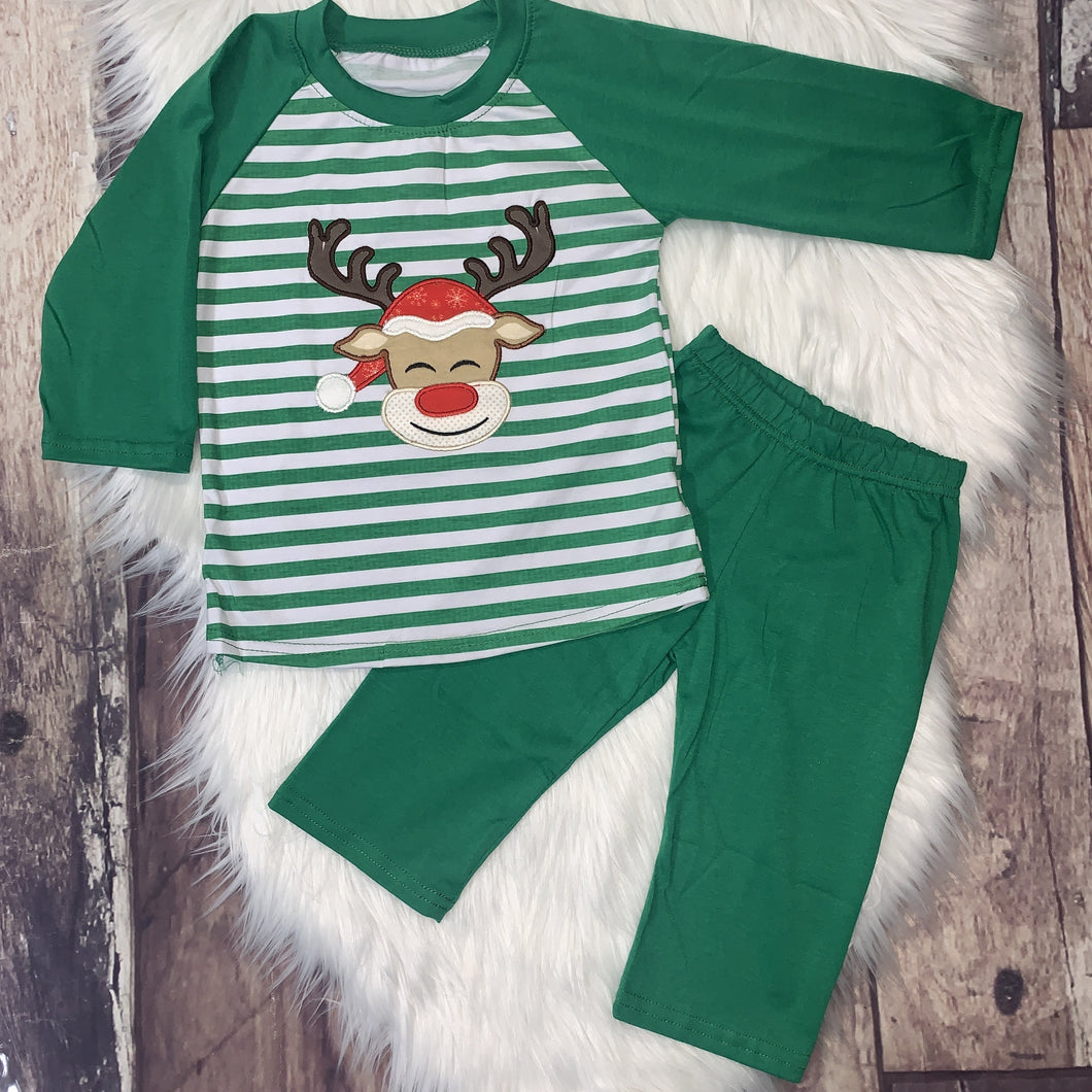 Embroidered Reindeer Boy's Striped Top & Bottom