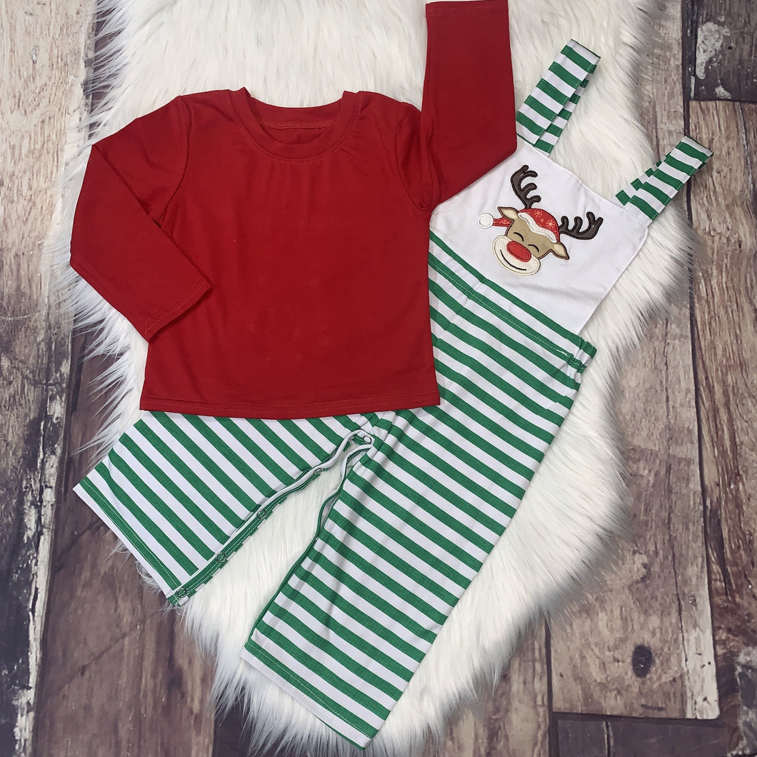 Embroidered Reindeer Boy's Striped Longall Romper Set