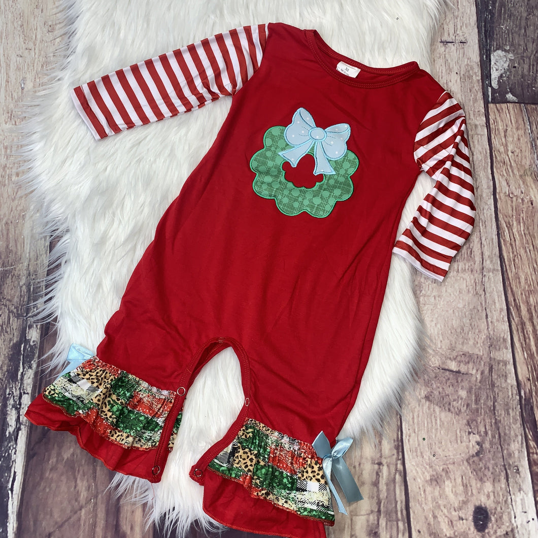 Christmas Wreath Embroidered Girl's Romper