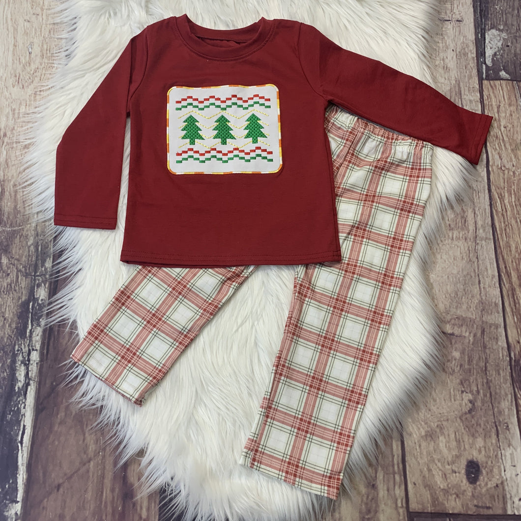 Embroidered Christmas Tree Boy's Top & Pants Set