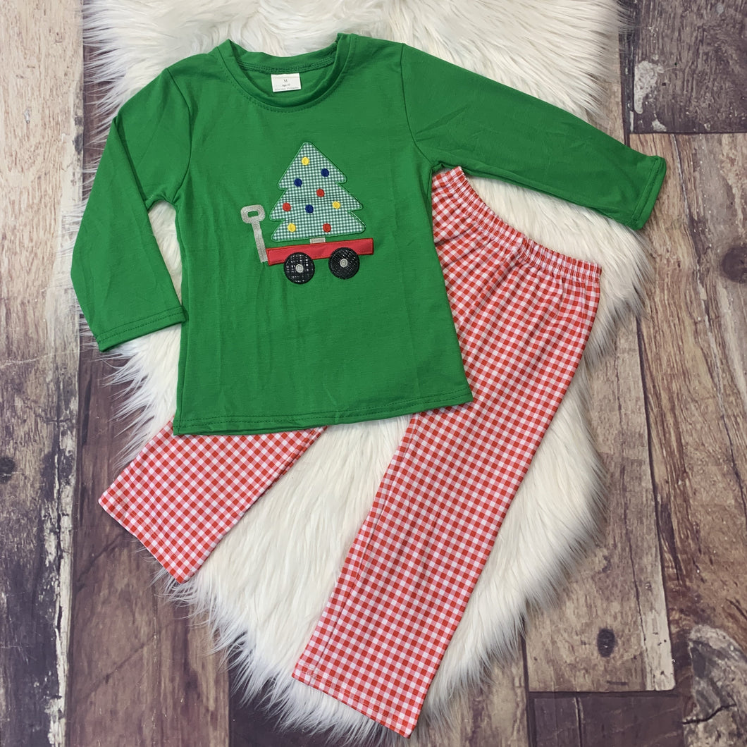 Boy's Embroidered Christmas Wagon Red Checkered Pants Set