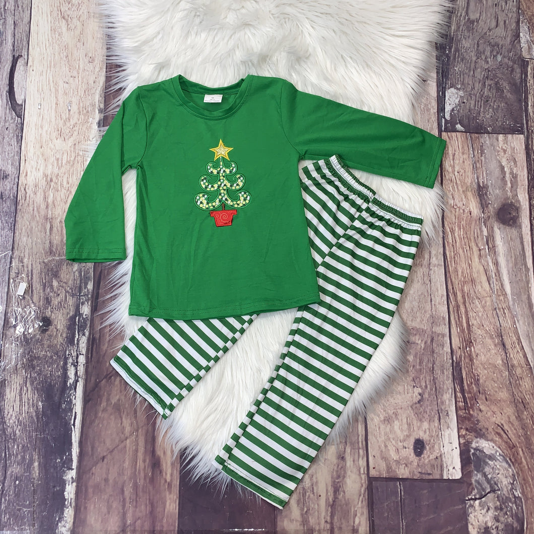 Boy's Green & Striped Christmas Tree Embroidered Set