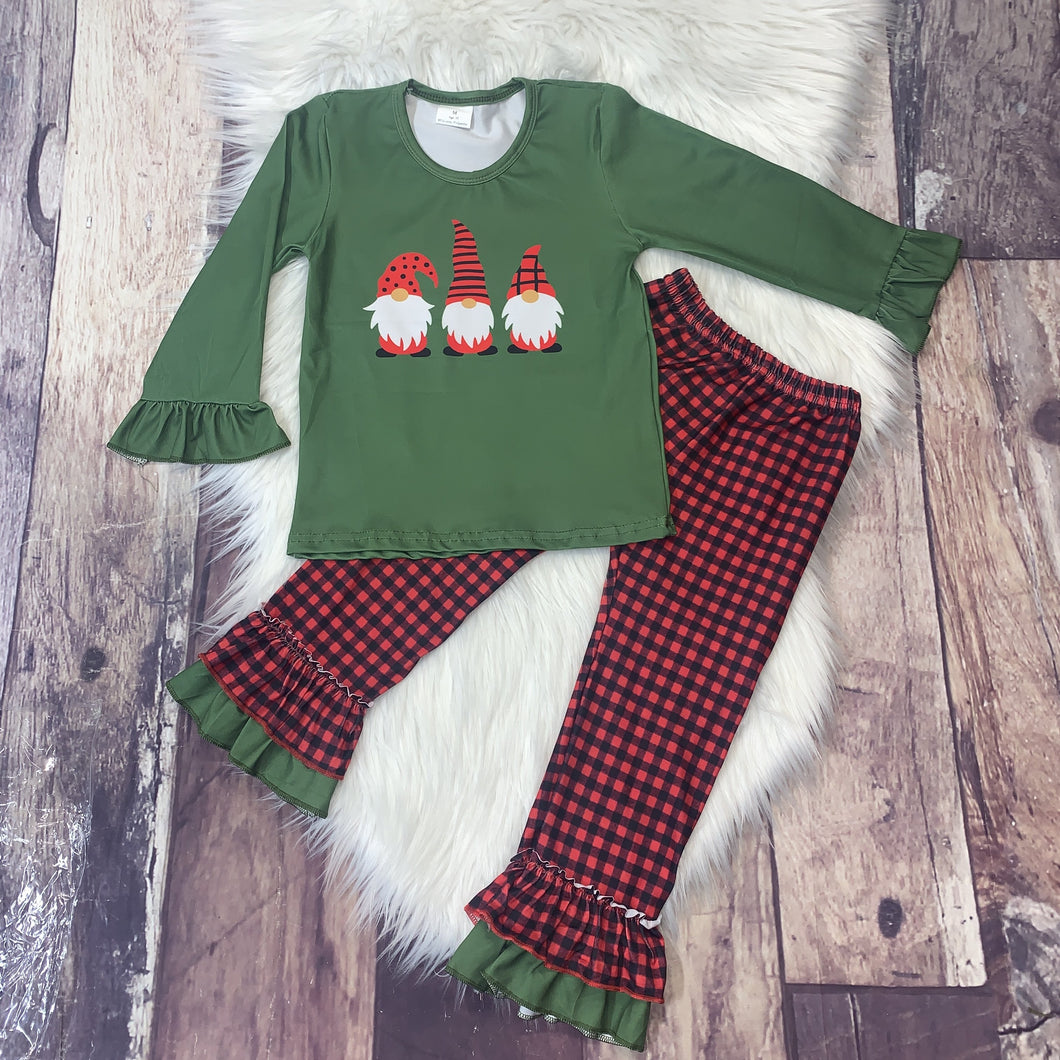 Green & Buffalo Check Christmas Gnomes Ruffle Long Sleeve Tee and Pant Set