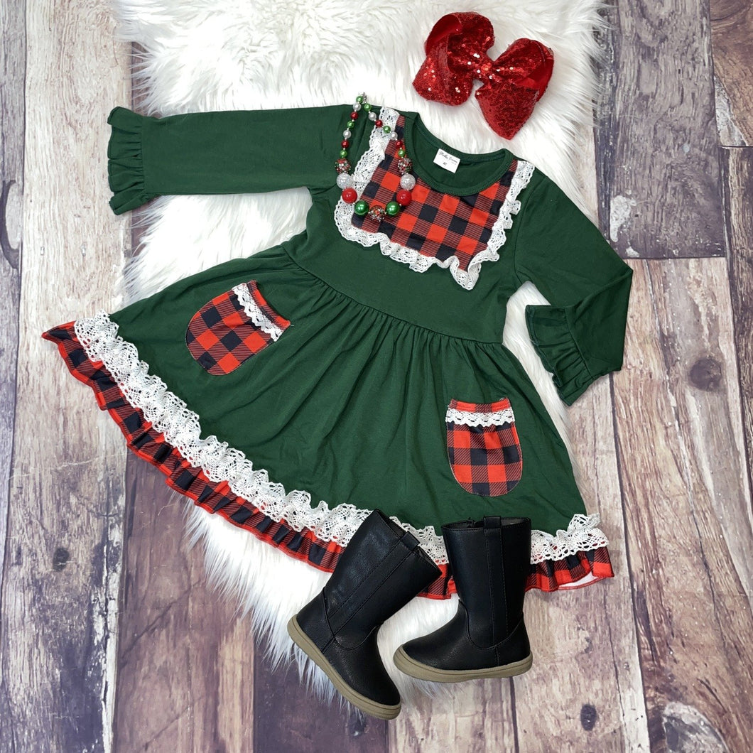 Green Lace Trim Pocket Dress with Red Buffalo Plaid Accents