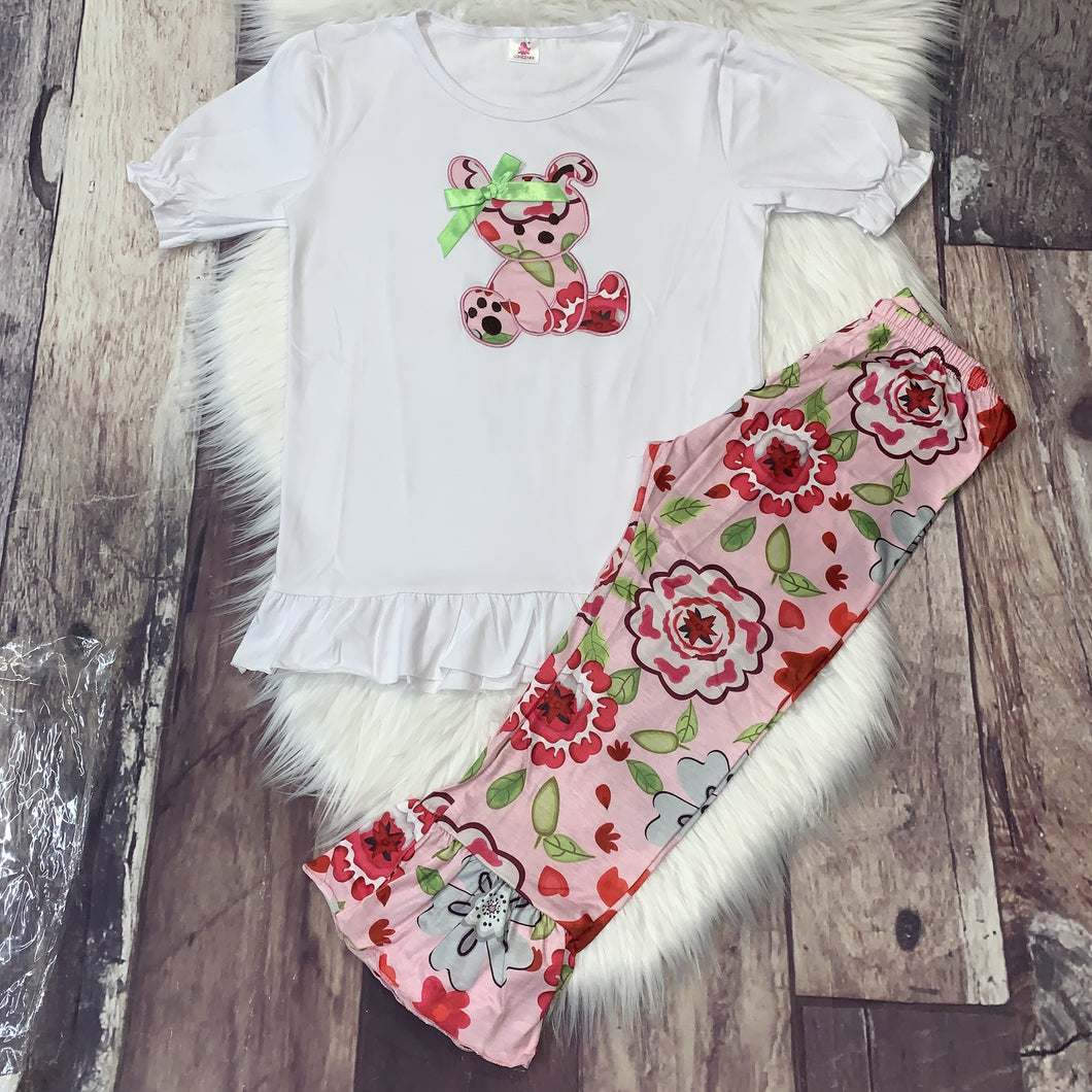 Embroidered Floral Bear Ruffle Tunic Top & Ruffle Floral Pants
