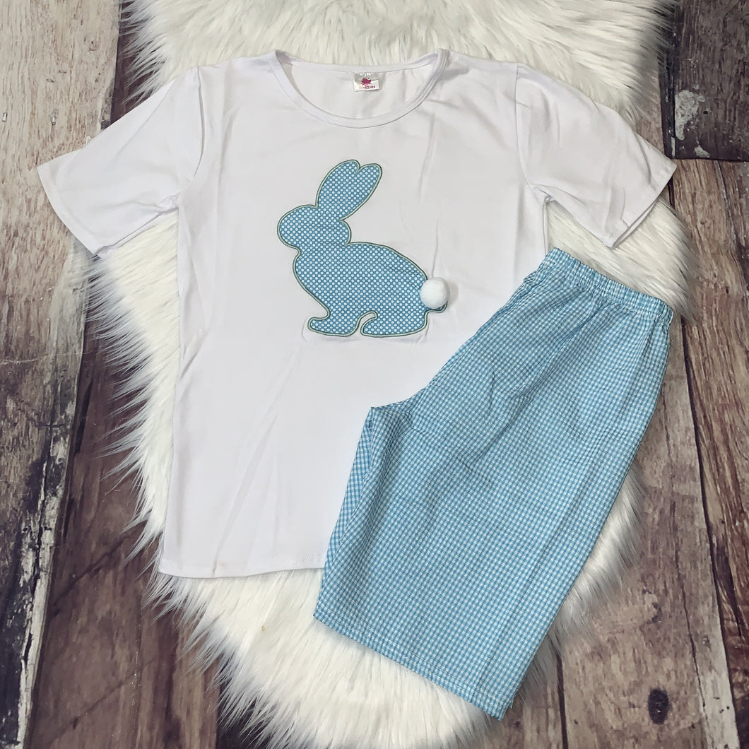 Embroidered Blue Polkadot Easter Bunny and Shorts Set