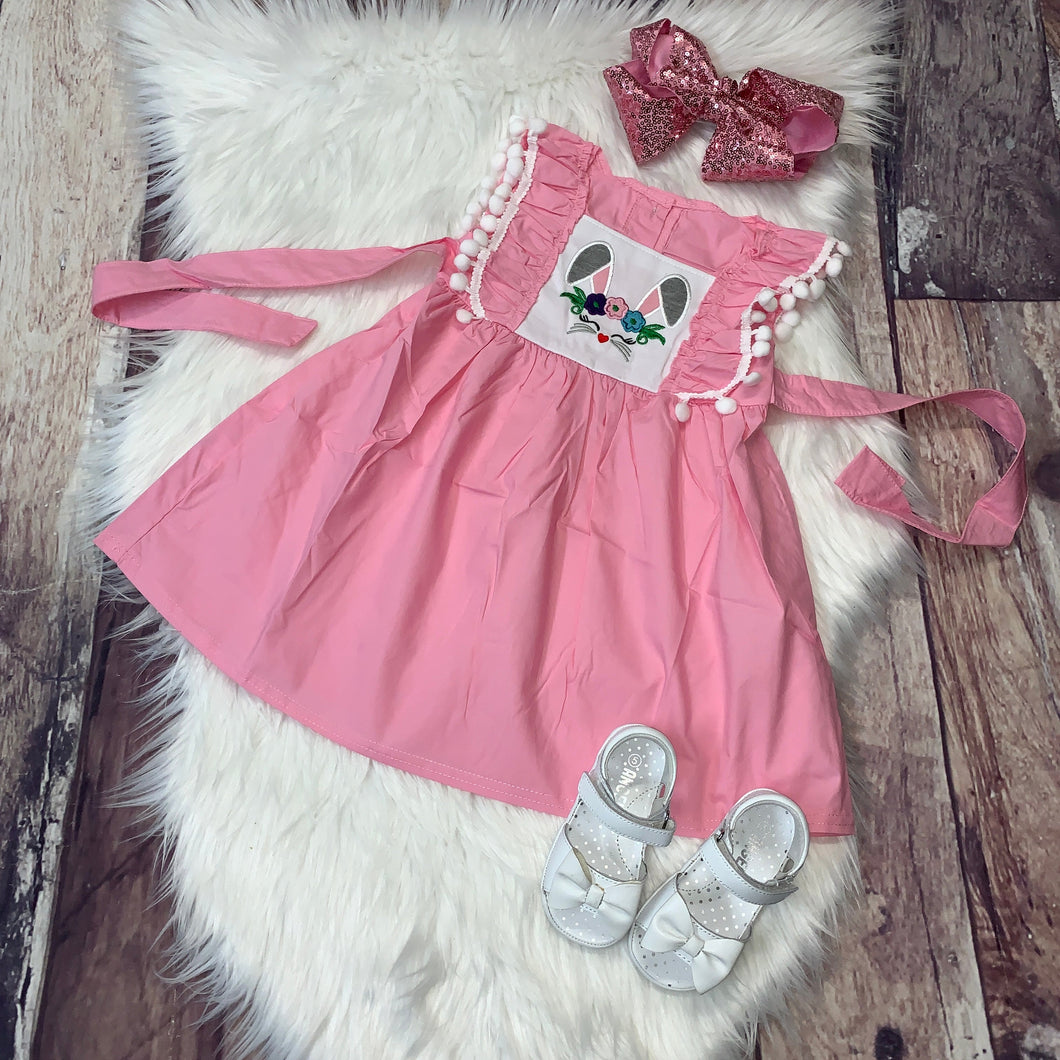 Pink Embroidered Easter Bunny White Ball Fringe Dress