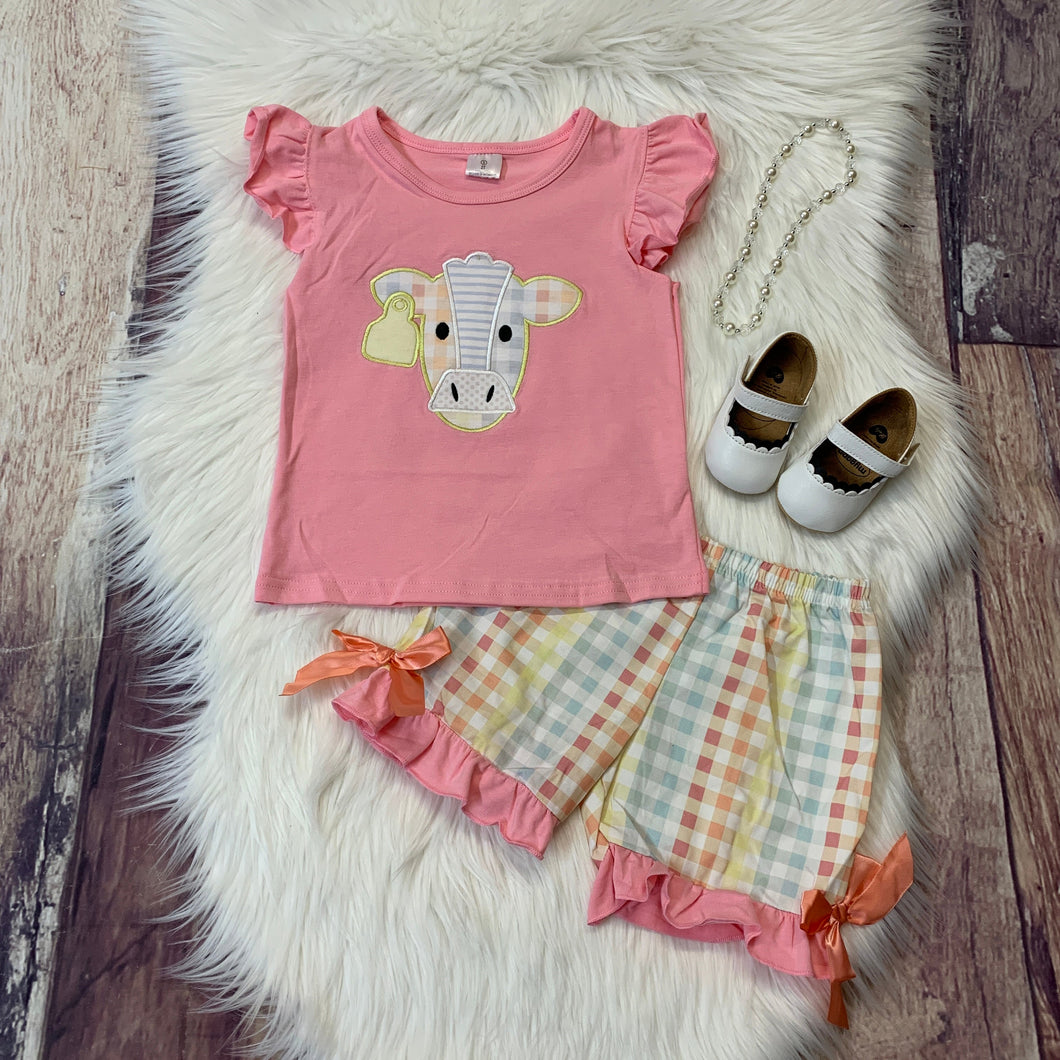 Pink Embroidered Cow Flutter Ruffle Sleeve Tee & Pastel Checkered Shorts Set