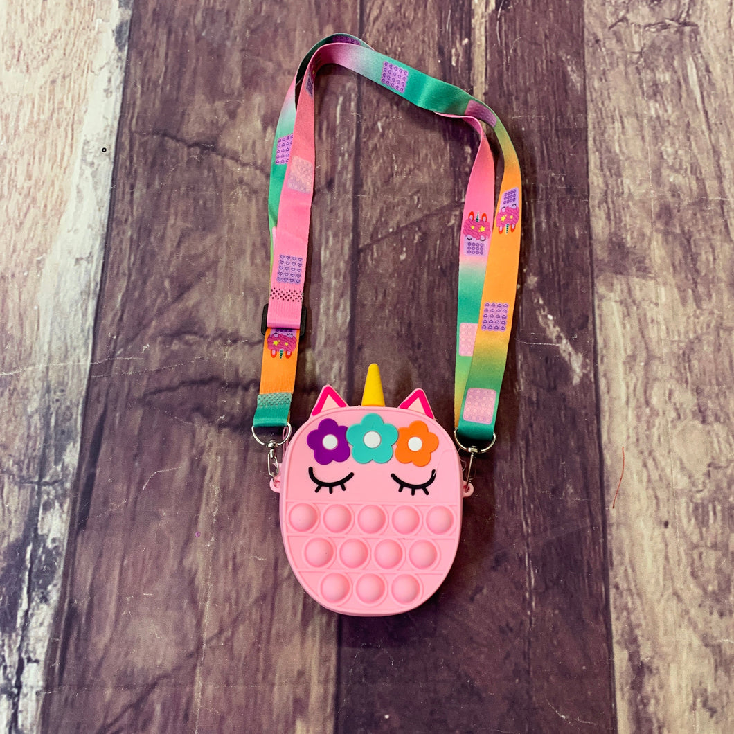 Silicone Unicorn Pop It Purse - Pink With Flowers