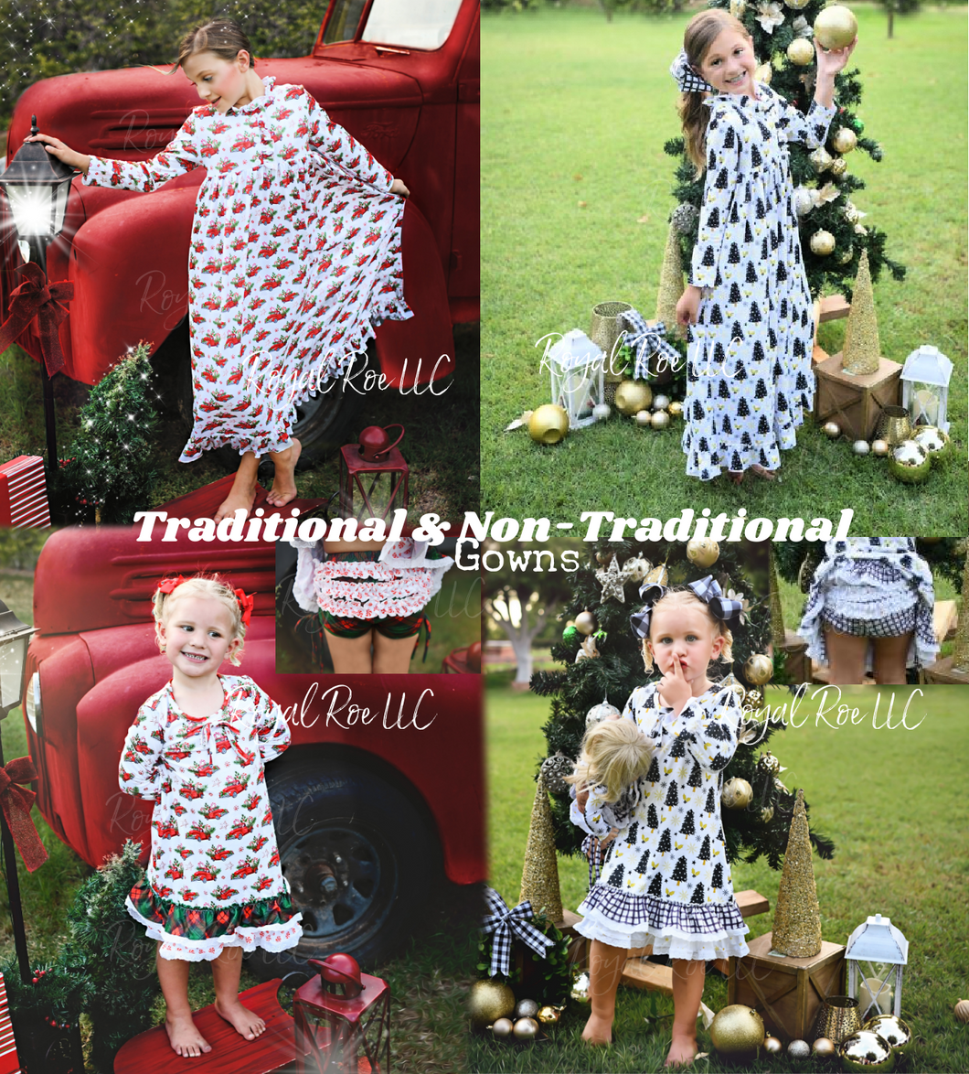 2022  Traditional and Non-Traditional Christmas Family PJS- Girls Gowns, Gown sets & Dolly too