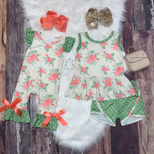 Green and Coral Ruffle Flutter Sleeve Romper