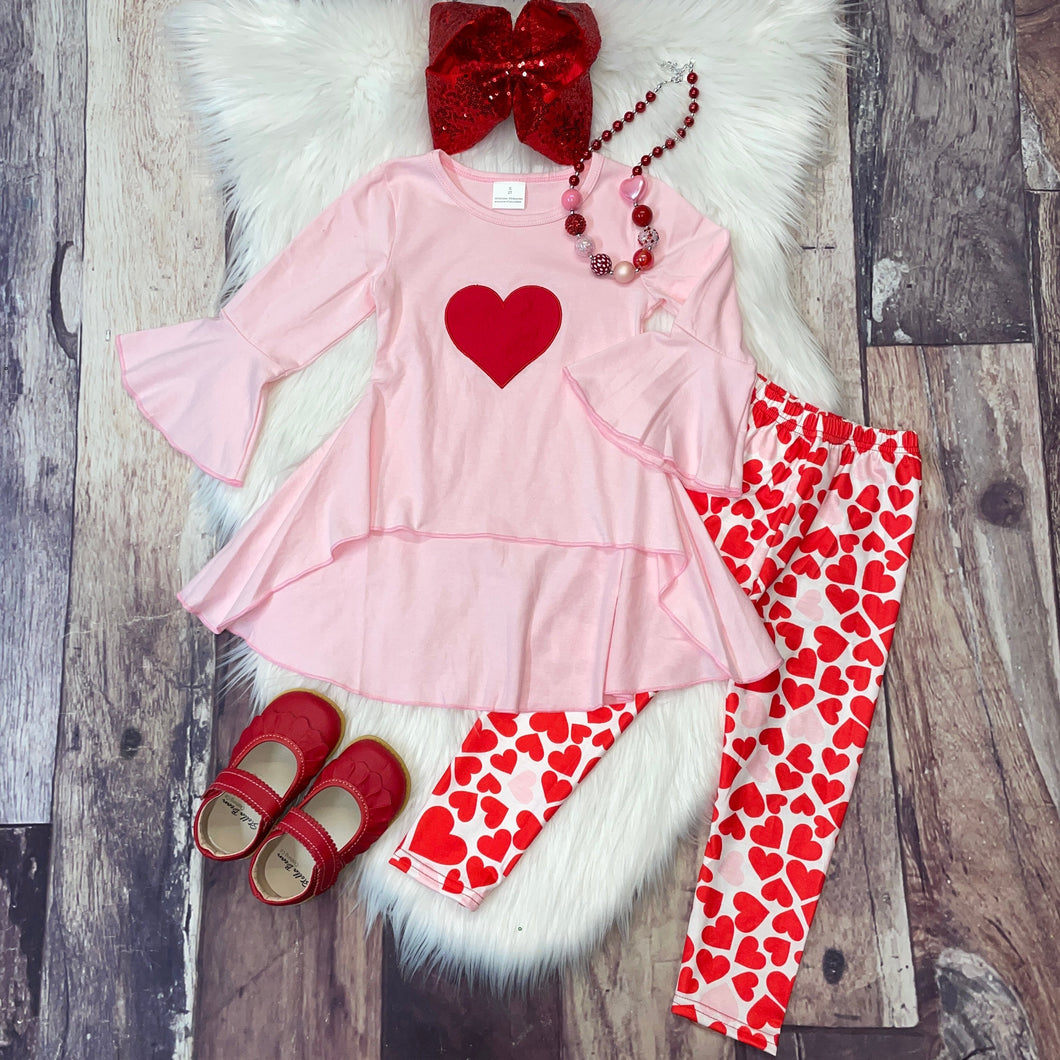 Pink Embroidered Heart High Low Top & Hearts Leggings Set